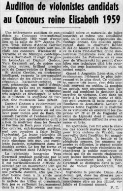 Audition des violonistes candidats au Concours reine Elisabeth 1959