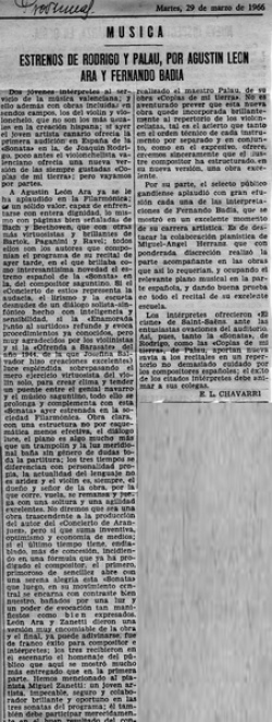 Estrenos de Rodrigo y Palau, por Agustín León Ara y Fernando Badía